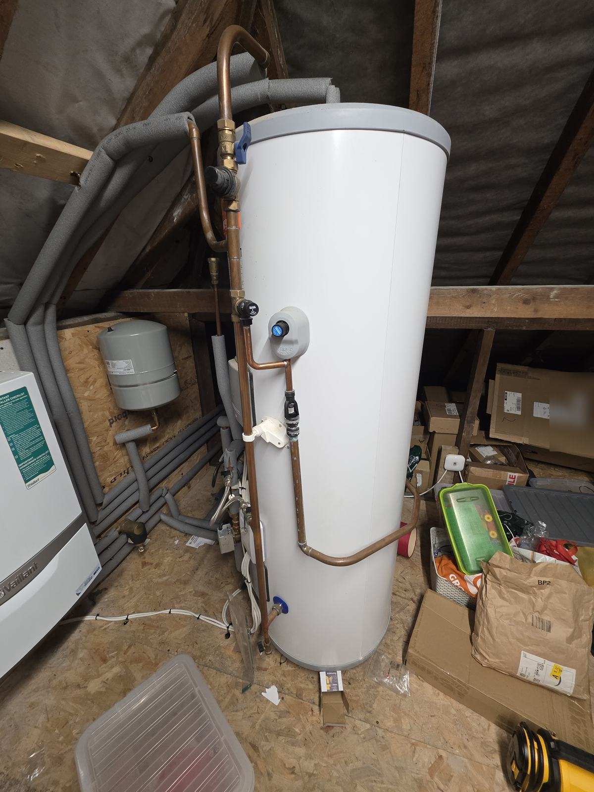 Unvented hot water cylinder installed in a loft in Orpington